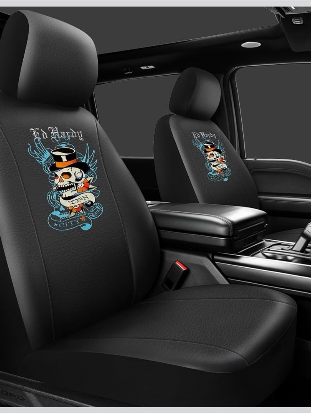Ed Hardy Black Seat Covers with Blue and Orange Skull Graphic